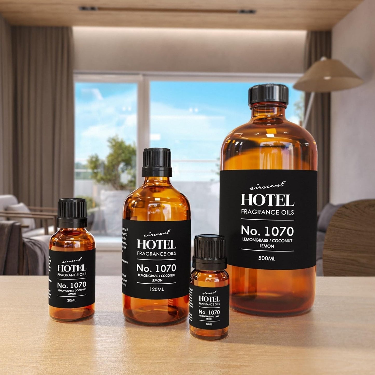 AirScent Hotel Diffuser Oil No. 1070 - Lemongrass, Coconut, Lemon - Premium Fragrance Oil for Ultrasonic and Waterless Diffusers and Crafting - 10 mL, 0.34 fl oz Glass Dropper Bottle