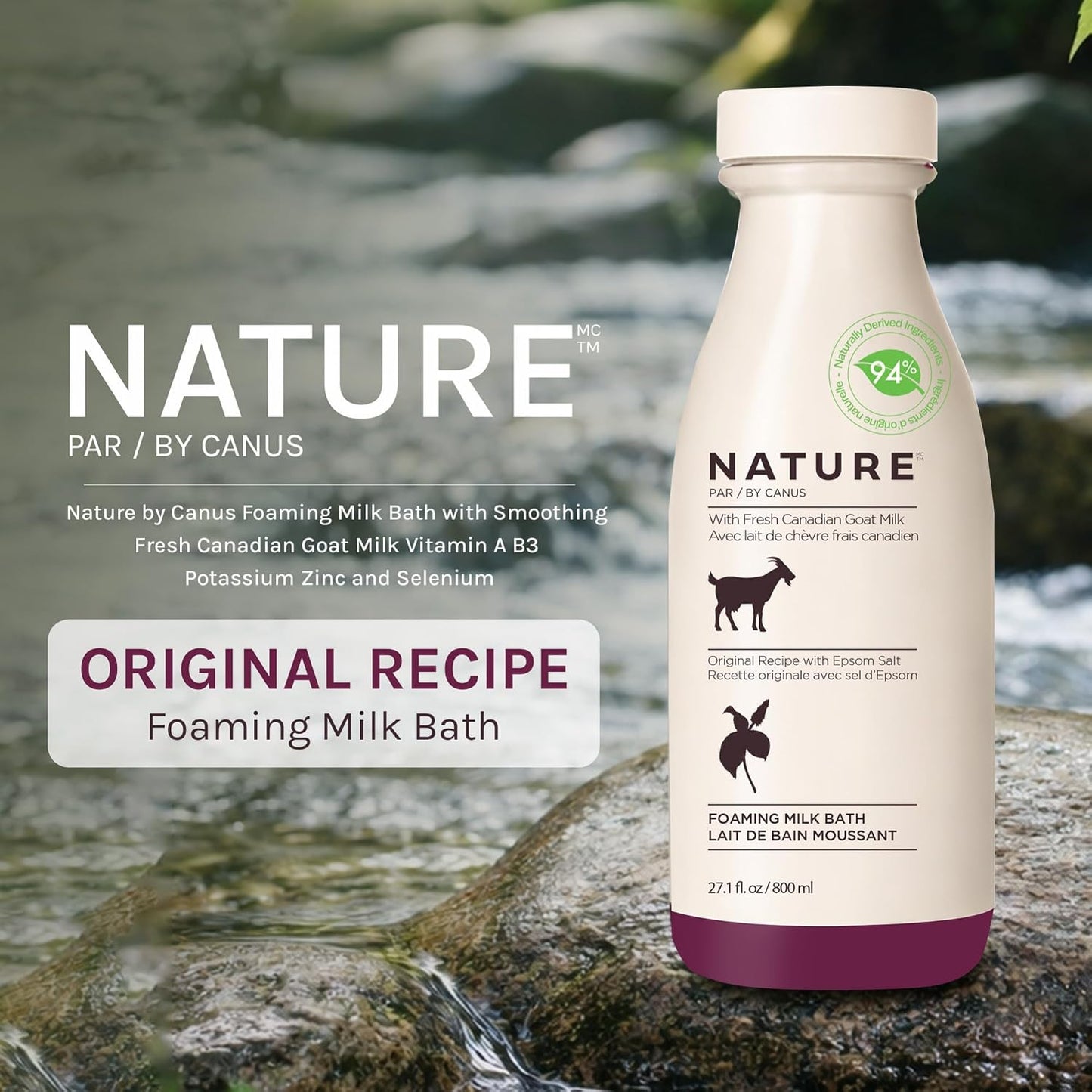 Goat Milk Bubble Bath Foaming Soak, 27.1 Fl Oz with Fresh Canadian Goat Milk, Smoothing Bath Milk for Soft Skin, Nature by Canus Original
