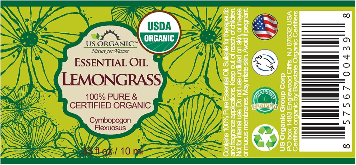US Organic 100% Pure Lemongrass Essential Oil, USDA Certified Organic, Extracted by Steam Distillation Method, for Hair, Nail Polish Remover, Bees Attraction, and More. 10 ml