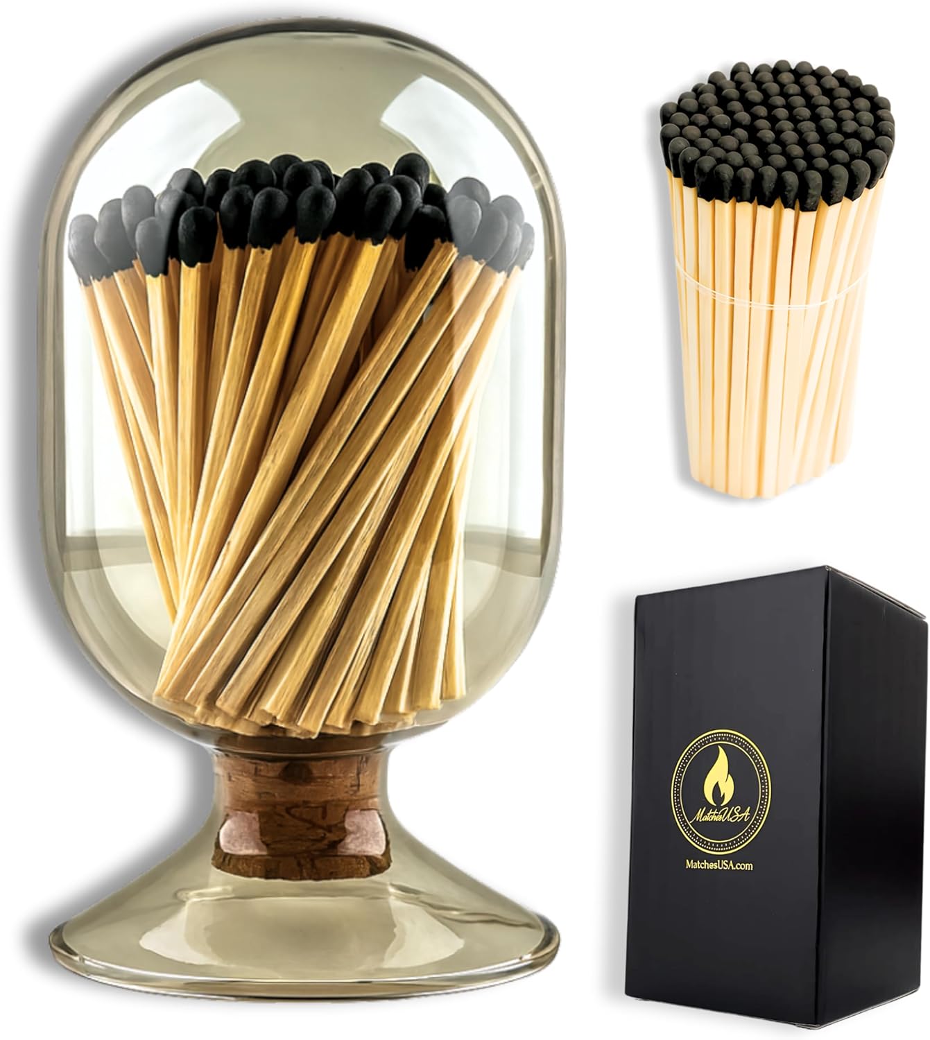 Includes Matches ! | Smoke Gray Glass Matches Cloche | Grey Tinted Decorative Match Holder Jar for Candles Set Display Gift