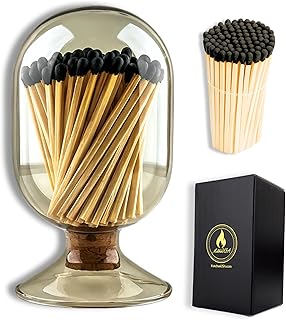 Includes Matches ! | Smoke Gray Glass Matches Cloche | Grey Tinted Decorative Match Holder Jar for Candles Set Display Gift
