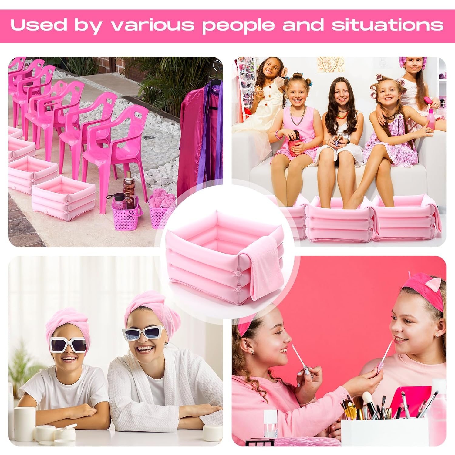 85 Pcs Spa Kit Nail Art Kit Sleepover Party Supplies with 12.5 x 12.5 in Inflatable Foot Tubs Foot Bath Towel and Basket DIY Manicure Pedicure Set for Slumber Party(Pink)