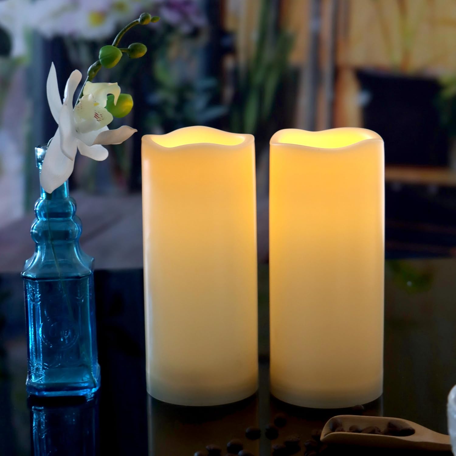 Waterproof Outdoor Battery Operated Flameless Candles with Auto Timer Flickering Plastic Resin Electric LED Pillar Lights for Lantern Patio Garden Wedding Party Decorations 3x7 Inches 2 Pack White