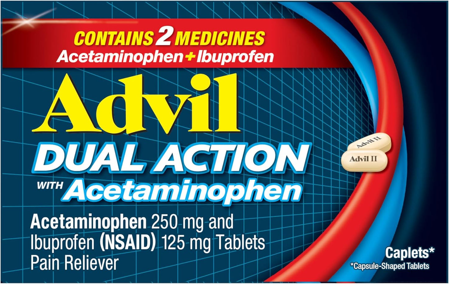 Advil Dual Action Coated Caplets with Acetaminophen, 250 Mg Ibuprofen and 500 Mg Acetaminophen Per Dose (2 Dose Equivalent) for 8 Hour Pain Relief - 2 Count x 50