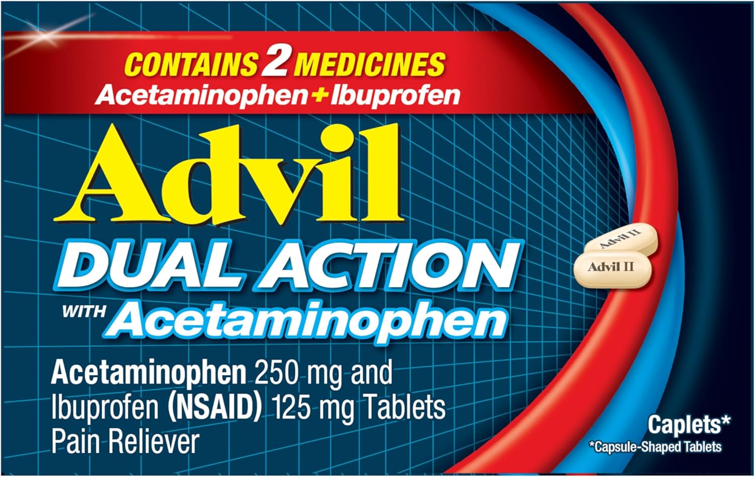 Advil Dual Action Coated Caplets with Acetaminophen, 250 Mg Ibuprofen and 500 Mg Acetaminophen Per Dose (2 Dose Equivalent) for 8 Hour Pain Relief - 2 Count x 50