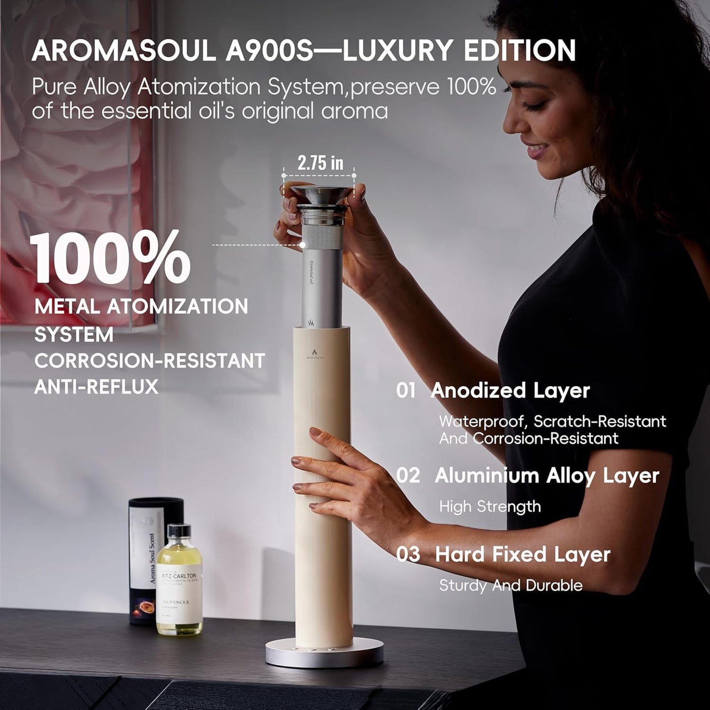 Waterless Scent Diffuser Starter Kit - Alloy Atomization System, Smart Rechargeable Hotel Scent Diffuser, 1500 Sq Ft Coverage, Including 6×15ml Essential Oils, for Home, Large Room, Spa, Cream