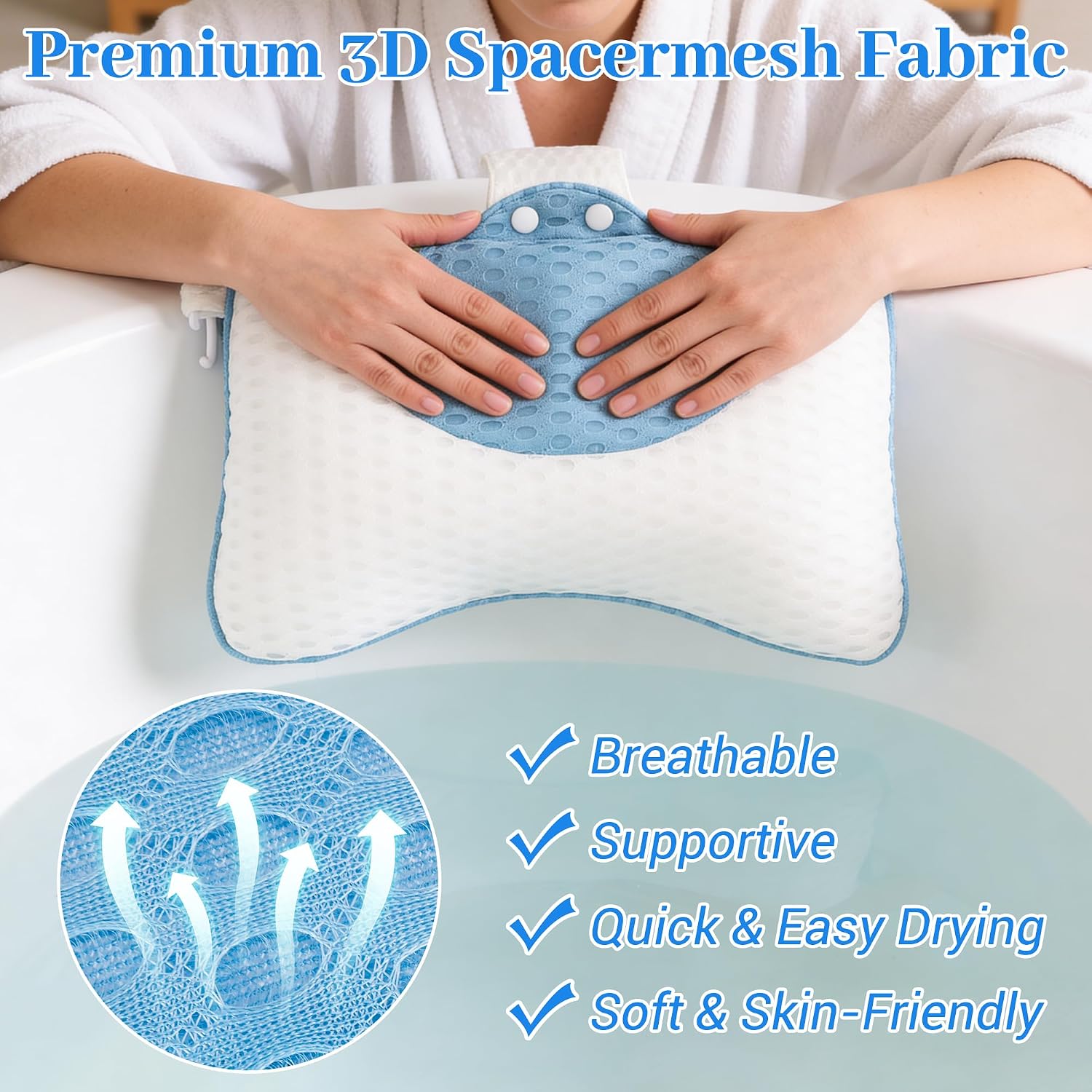 3D Mesh Hot Tub Pillow Headrest Cushion, Adjustable Height with Long Strap & Hook, Quick-Dry Ergonomic Neck Support Pillow, Universal Fit for Spa Bathtub, Chaise Lounge (2-Pack(White&Blue)