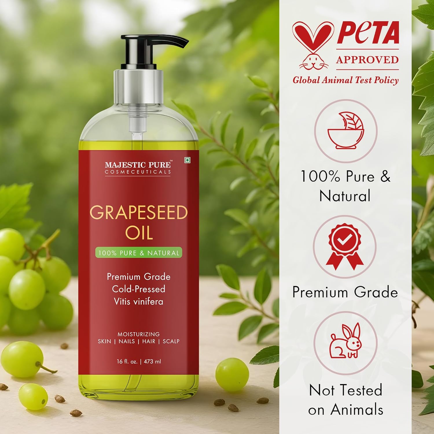 Majestic Pure Grapeseed Oil - 100% Pure & Natural - Premium Grade, Cold-Pressed, Hexane-Free Carrier Oil for Skin, Hair and Body - Moisturizing Skin, Hair and Scalp - 16 Fl Oz