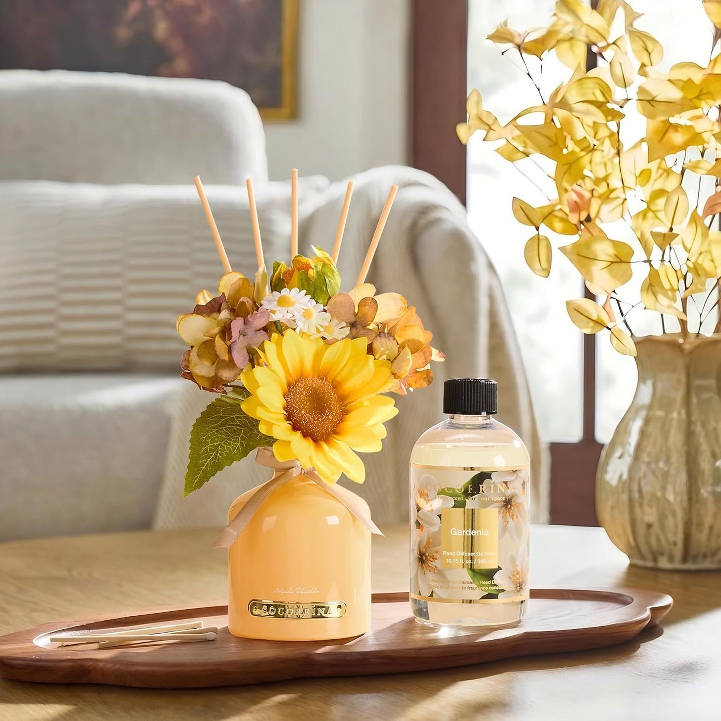 Cocorrína Reed Diffuser Refill Gardenia 10.2oz (300ml) with 8 Sticks - Premium Long-Lasting Floral Essential Oil, Home Fragrance for Bedroom, Bathroom Home Decor