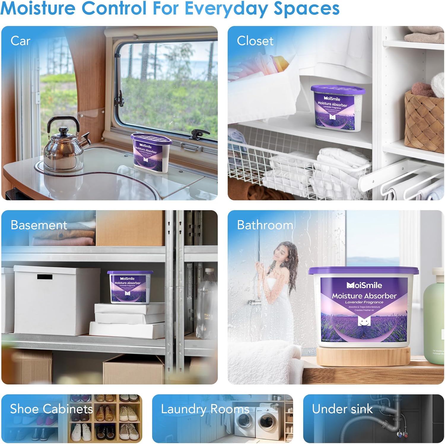 Moisture Absorbers, Fast Acting Lavender Scent Humidity Absorber & Odor Eliminator for Closet, Bathroom, Basement, Car & RV, 3 Pack
