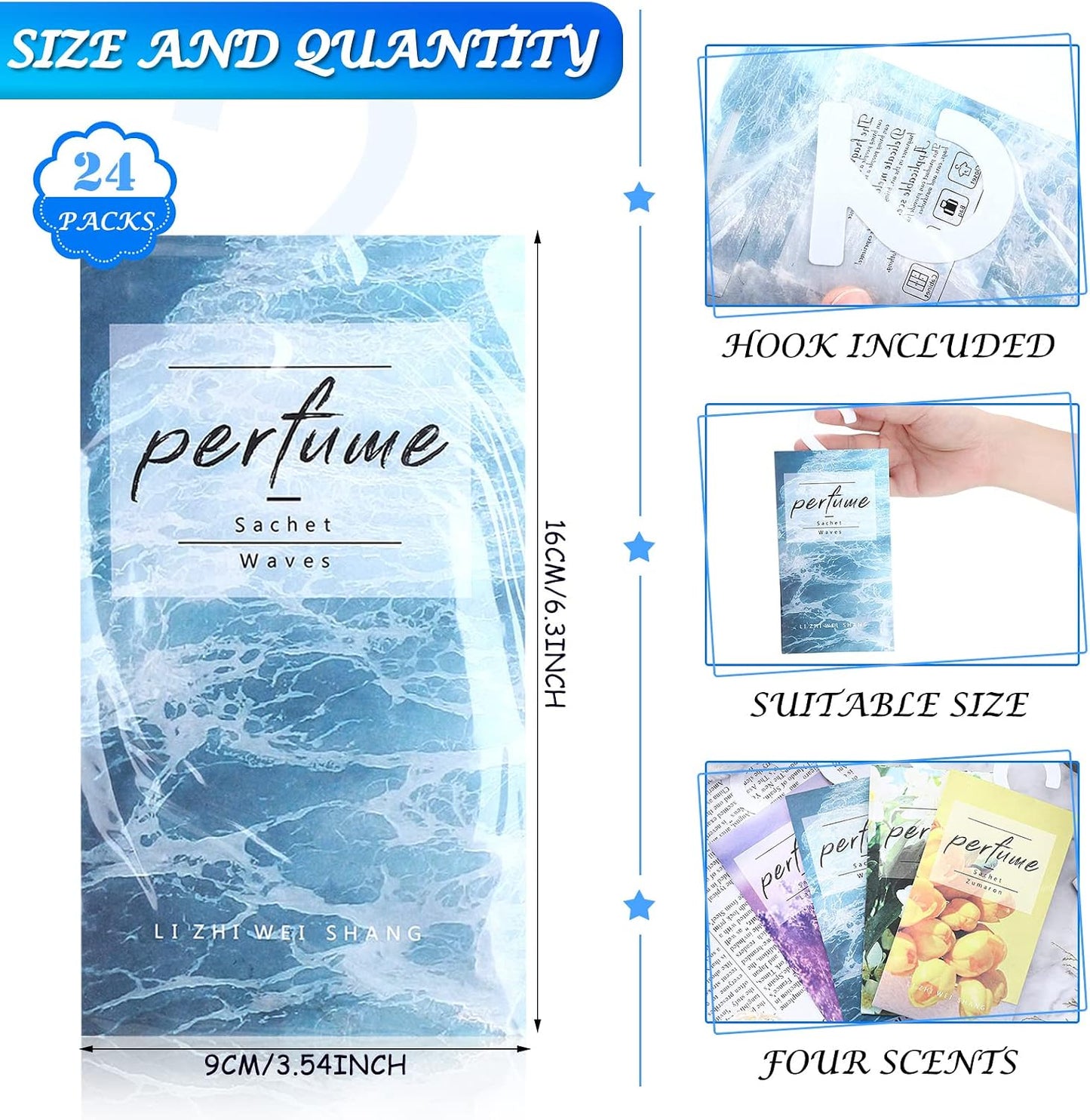 24 Pcs Large Hanging Closet Deodorizer Air Freshener Scented Sachets for Drawers and Closets Long Lasting Lavender Sachet Bags Drawer Freshener for Clothes (Lavender, Jasmine, Waves, Tulip)
