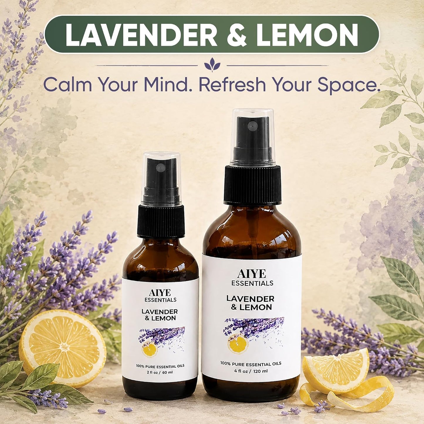 Aiye Essentials Lavender Lemon Room & Linen Spray, Non‑Toxic Essential Oil Aromatherapy Mist for Home & Bedding, 2 fl oz