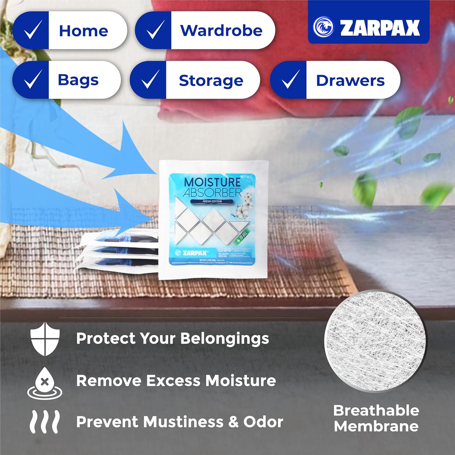 Zarpax Moisture Absorber Sachets Fresh Cotton 1.4 oz/40g - Remove Excess Moisture In Air & Odor - Desiccant Dehumidifier for Closet, Drawer, Safe, Storage - Dampness & Humidity Control - Set of 8