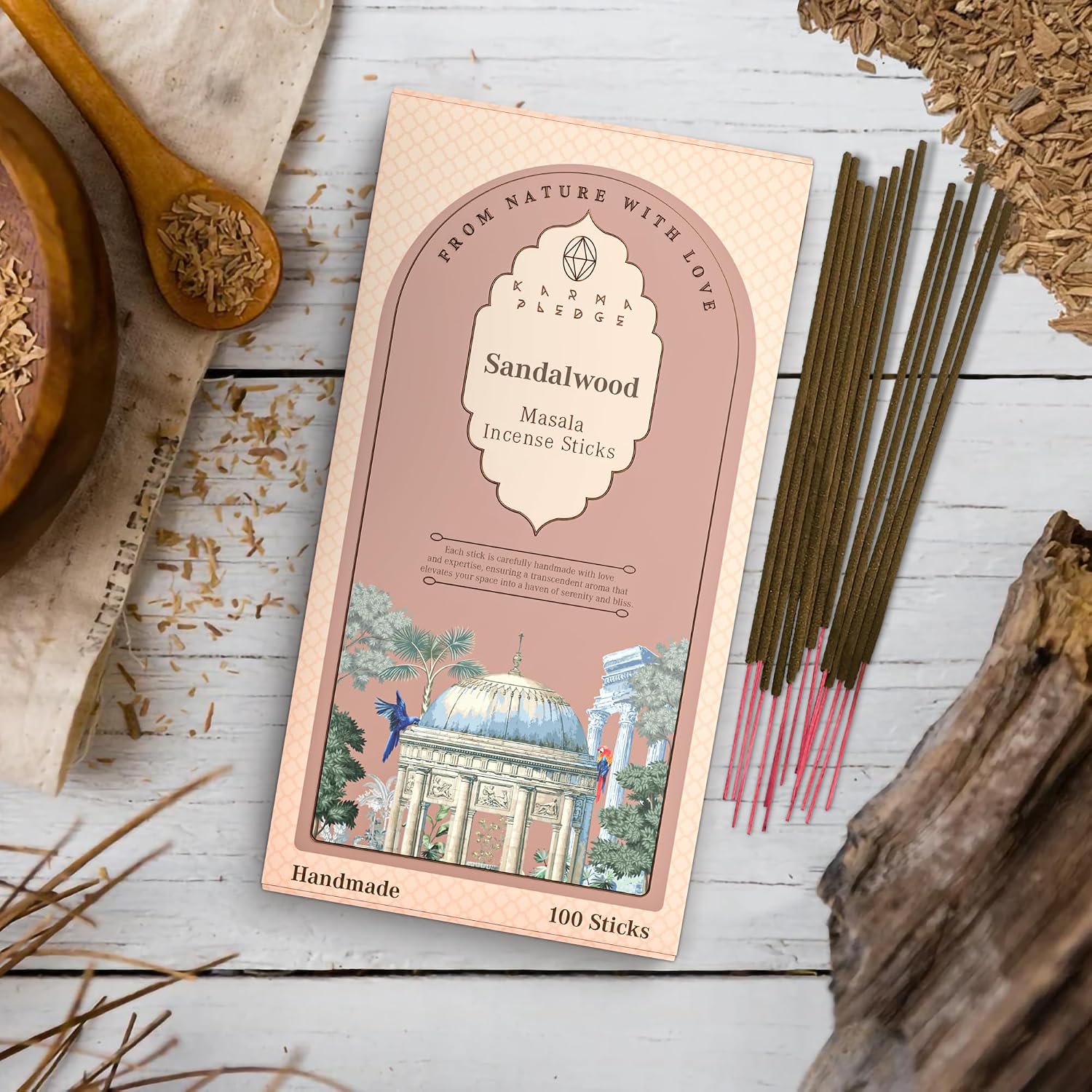 KarmaPledge Sandalwood Incense Sticks, Burn Time 45-60 Min, 100 Sticks