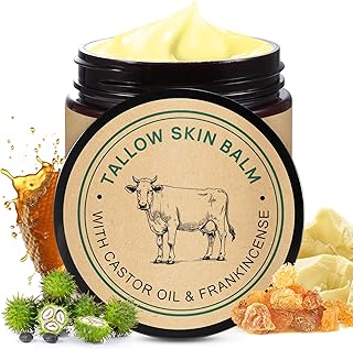 Handmade Tallow, Organic Castor Oil, and Frankincense Oil Face Balm, 100% Grass-Fed Tallow for Skin Care, Face & Body Moisturizer for Sensitive Skin & Dry Skin Age Defying, Natural Lotion