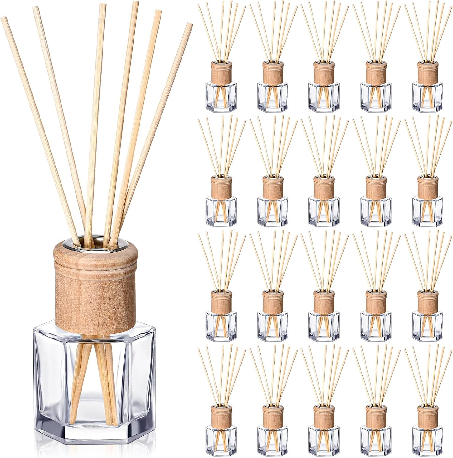 Roshtia 20 Set Reed Diffuser Bottle Empty Refillable Fragrance Glass Diffuser Bottles Set with Wooden Caps Rattan Sticks 50ml 1.7 Oz Hexagonal Glass Jars for DIY Fragrance
