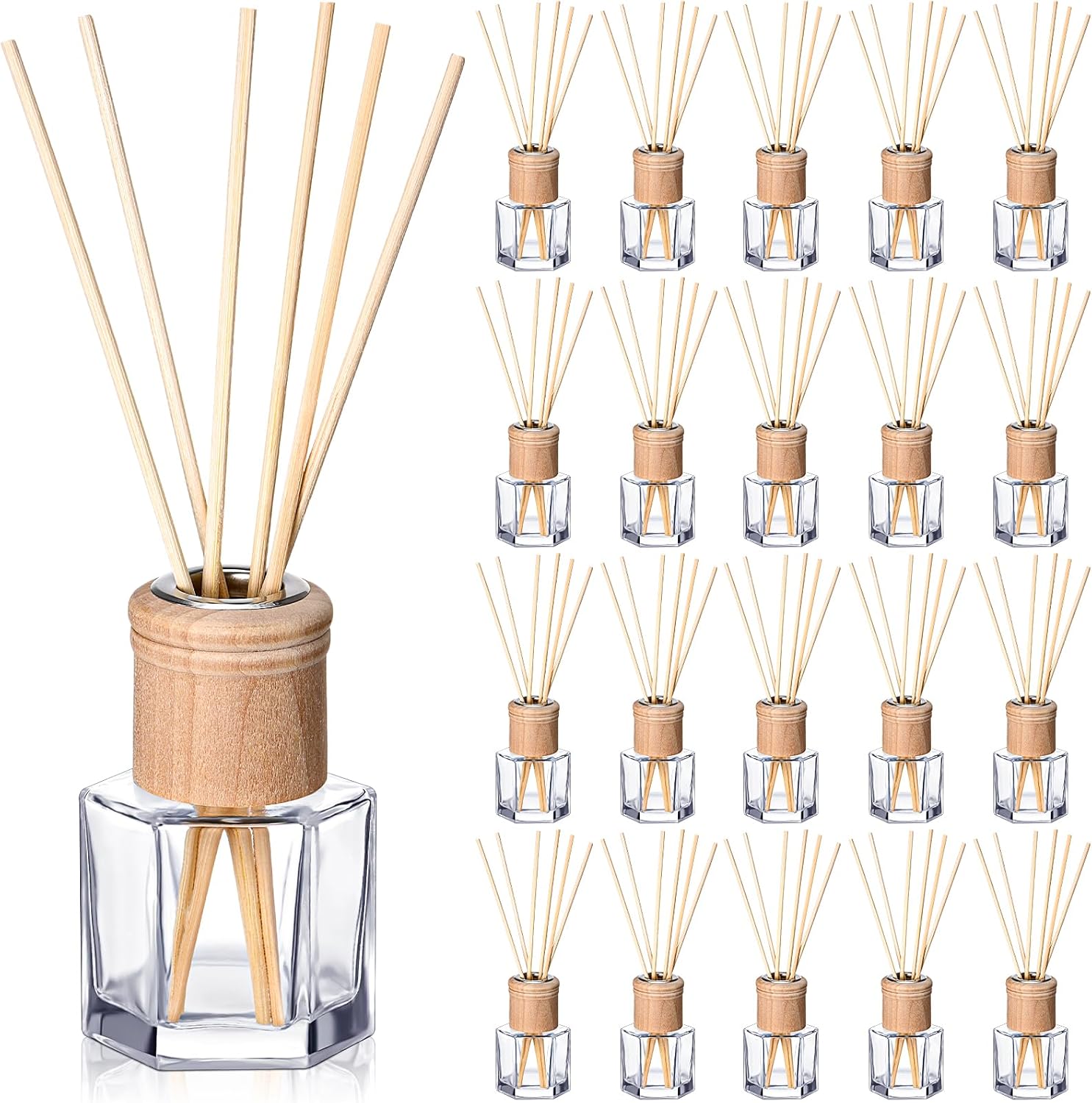 Roshtia 20 Set Reed Diffuser Bottle Empty Refillable Fragrance Glass Diffuser Bottles Set with Wooden Caps Rattan Sticks 50ml 1.7 Oz Hexagonal Glass Jars for DIY Fragrance