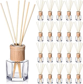 Roshtia 20 Set Reed Diffuser Bottle Empty Refillable Fragrance Glass Diffuser Bottles Set with Wooden Caps Rattan Sticks 50ml 1.7 Oz Hexagonal Glass Jars for DIY Fragrance