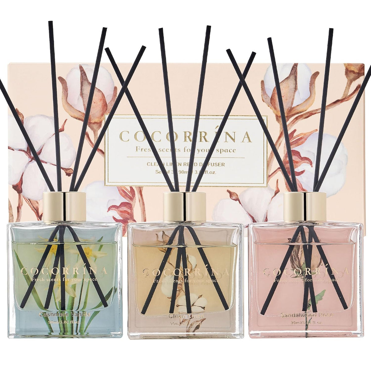 COCORRÍNA Reed Diffuser Set of 3-3 Pack/ 3.04 Fl.oz Diffuser with 24 Sticks Cashmere Vanilla/Sandalwood Rose/Clean Linen Reed