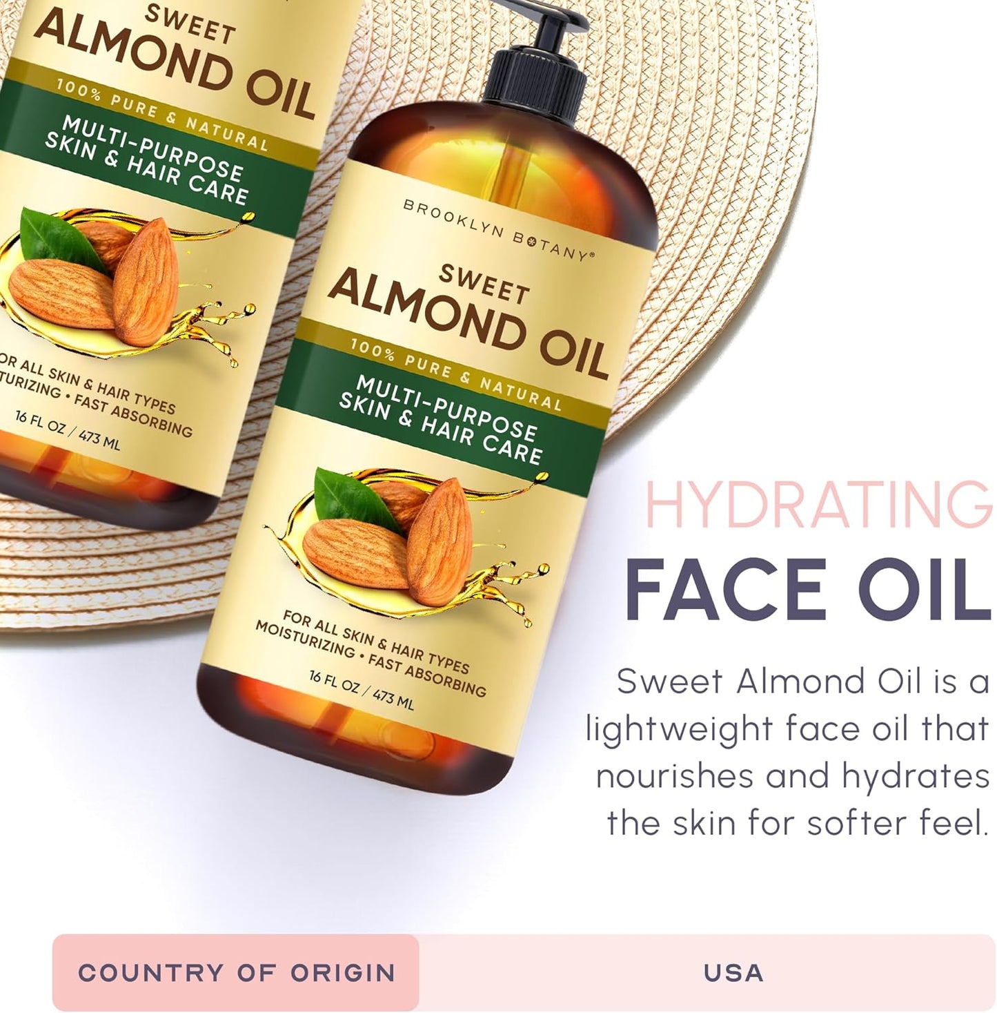 Brooklyn Botany Sweet Almond Oil | 16 Fl Oz | Hair | Face | Body | 100% Pure and Natural | Carrier Oil | Aromatherapy | Massage | Ayurvedic Hair Care | Hexane-Free