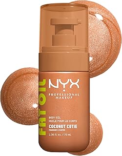 NYX PROFESSIONAL MAKEUP Fat Oil Body Oil in Coconut Cutie, Coconut Scented Body Glow Moisturizer With Vitamin E for 24HR Hydration and Glowing Skin, Golden Finish, Vegan & Cruelty-Free