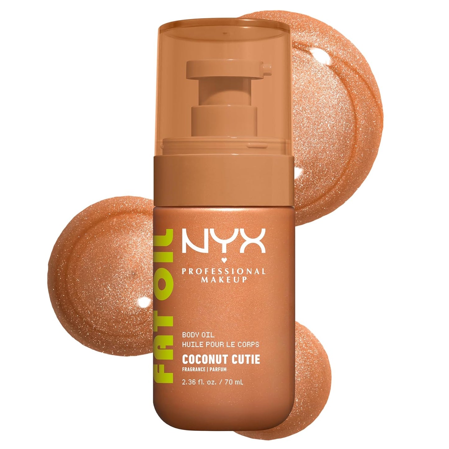 NYX PROFESSIONAL MAKEUP Fat Oil Body Oil in Coconut Cutie, Coconut Scented Body Glow Moisturizer With Vitamin E for 24HR Hydration and Glowing Skin, Golden Finish, Vegan & Cruelty-Free