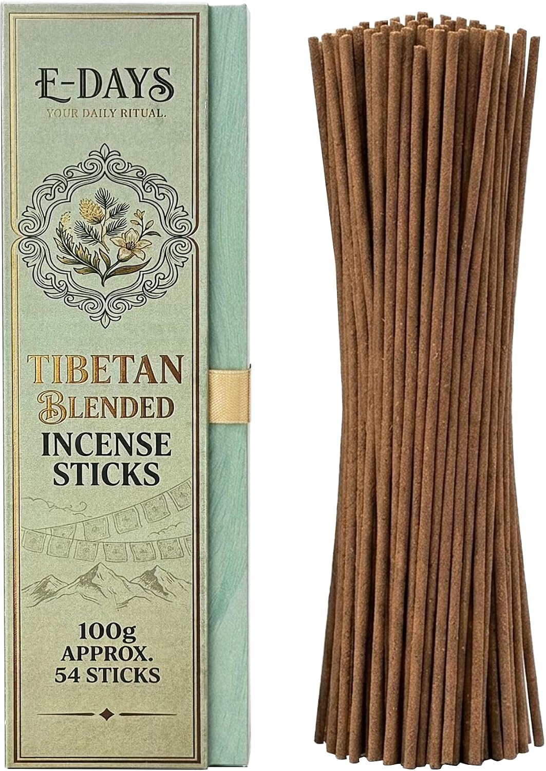 Tibetan Blended Incense Sticks - 100g Natural Herbal Incense for Meditation, Relaxation, Sleep, Handcrafted with 30+ Tibetan Botanicals, 54 Sticks, 21cm, 50 Min Burn Time Light Green Gift Box
