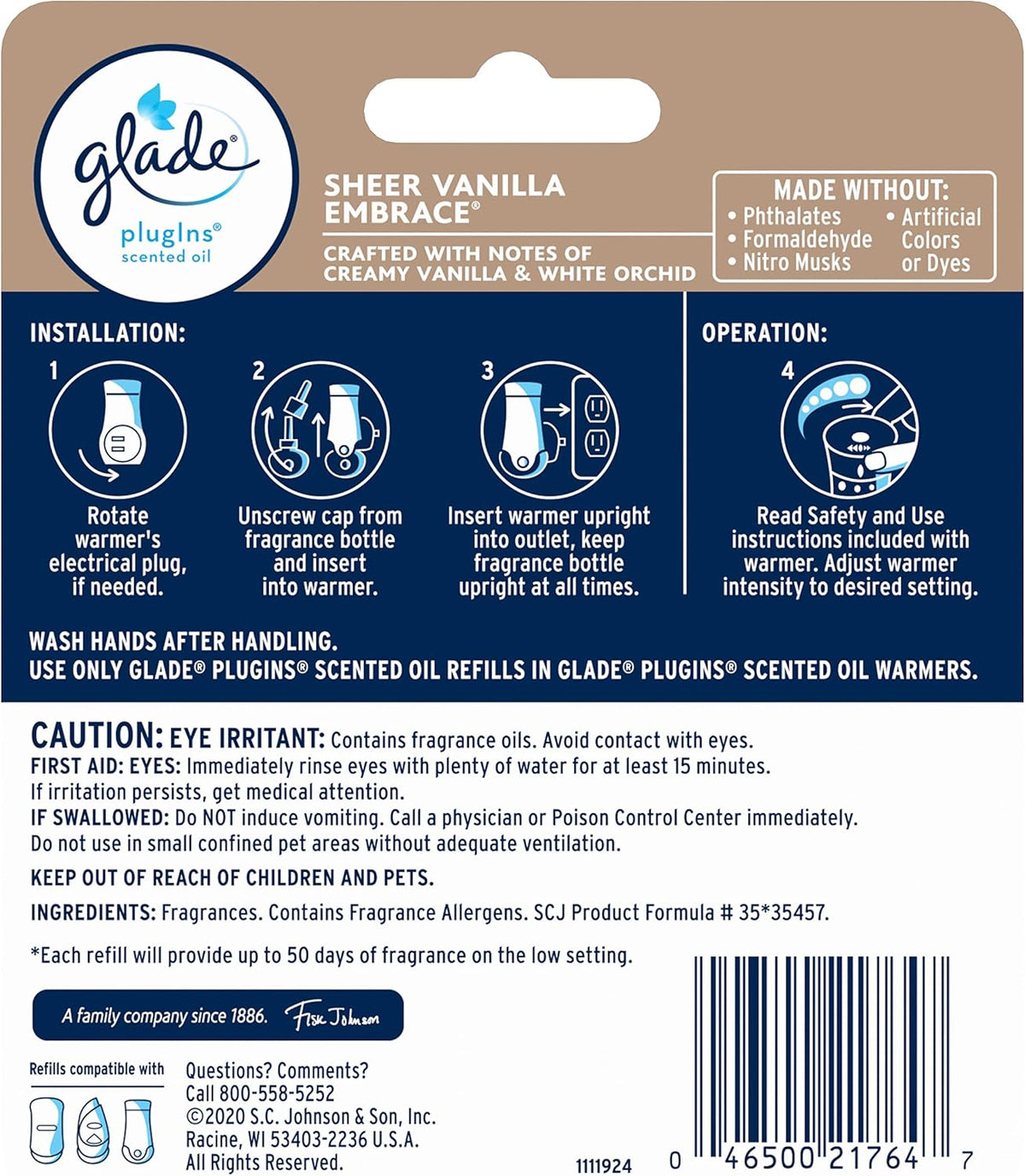 Glade PlugIns Refills Air Freshener, Scented Oil for Home and Bathroom, Sheer Vanilla Embrace, 1.34 Oz, 2 Count