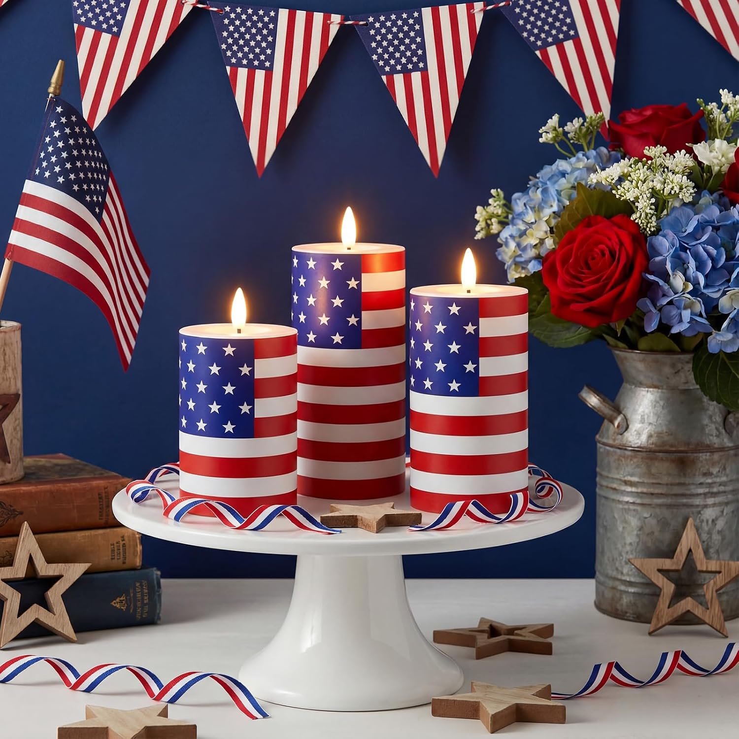 Tuanse Set of 3 Patriotic American Flag Flameless Candles 250th Anniversary Battery Operated 4th of July American Flag Pillar Candle, Mixed Size LED Light Candle for Table Dinner Independence Decor