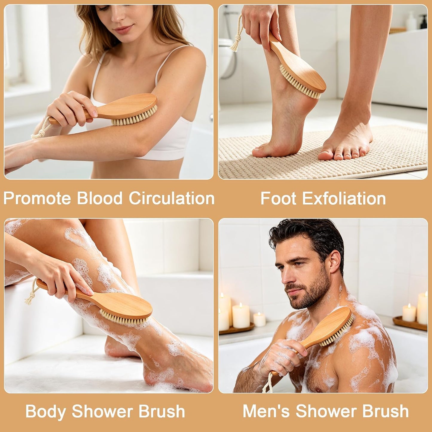 OWIIZI Dry Brushing Body Brush, Natural Boar Bristles Body Scrubber for Bath, Wooden Handle Lymphatic Drainage Brush for Skin Exfoliation and Foot Scrubbing