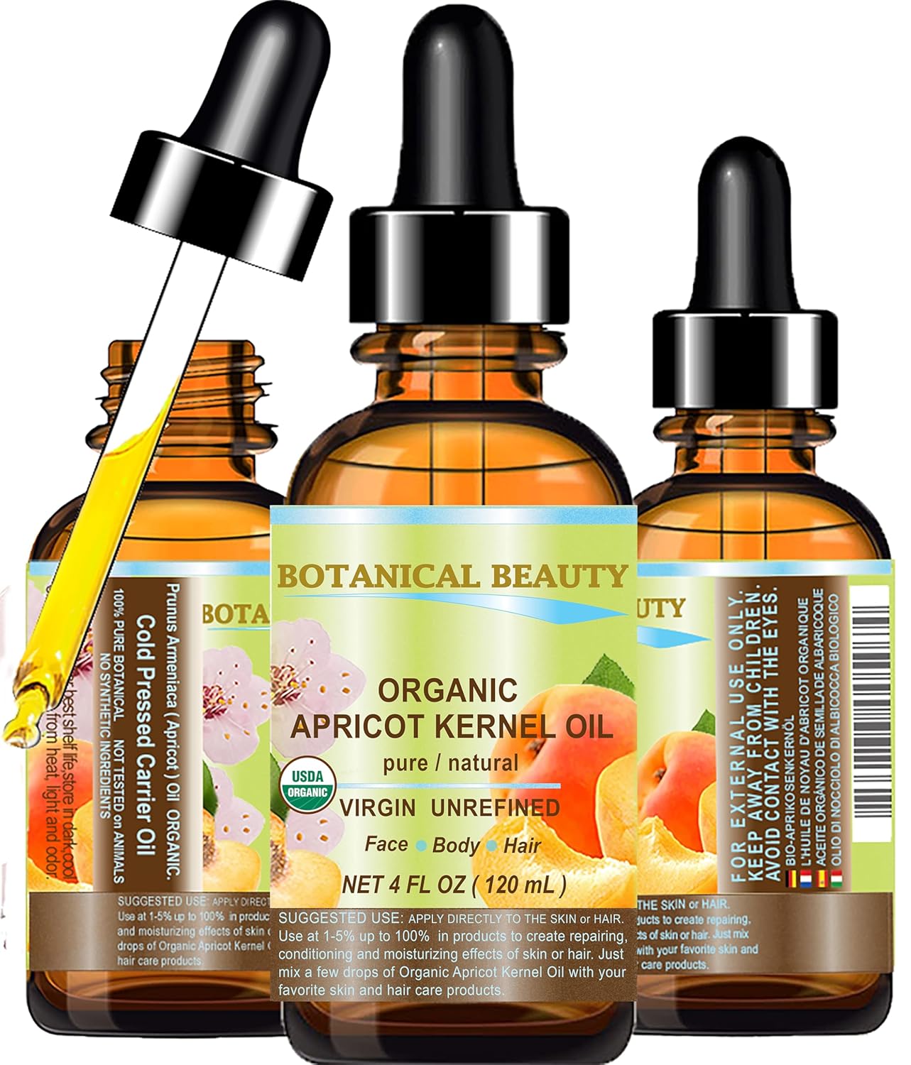 Botanical Beauty ORGANIC APRICOT KERNEL OIL Australian 100% Pure Virgin Unrefined Cold Pressed Carrier Oil 4 oz- 120 ml for Face Hair Body Nails Skin Anti-Aging
