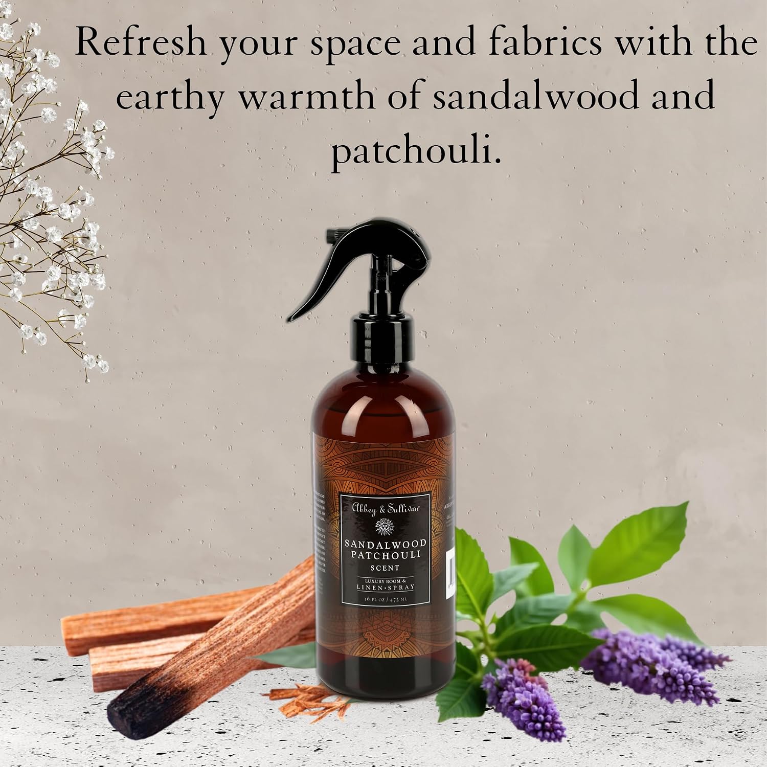 Abbey & Sullivan Odor Eliminating and Refreshing Linen and Room Spray, Sandalwood Patchouli, 16 oz