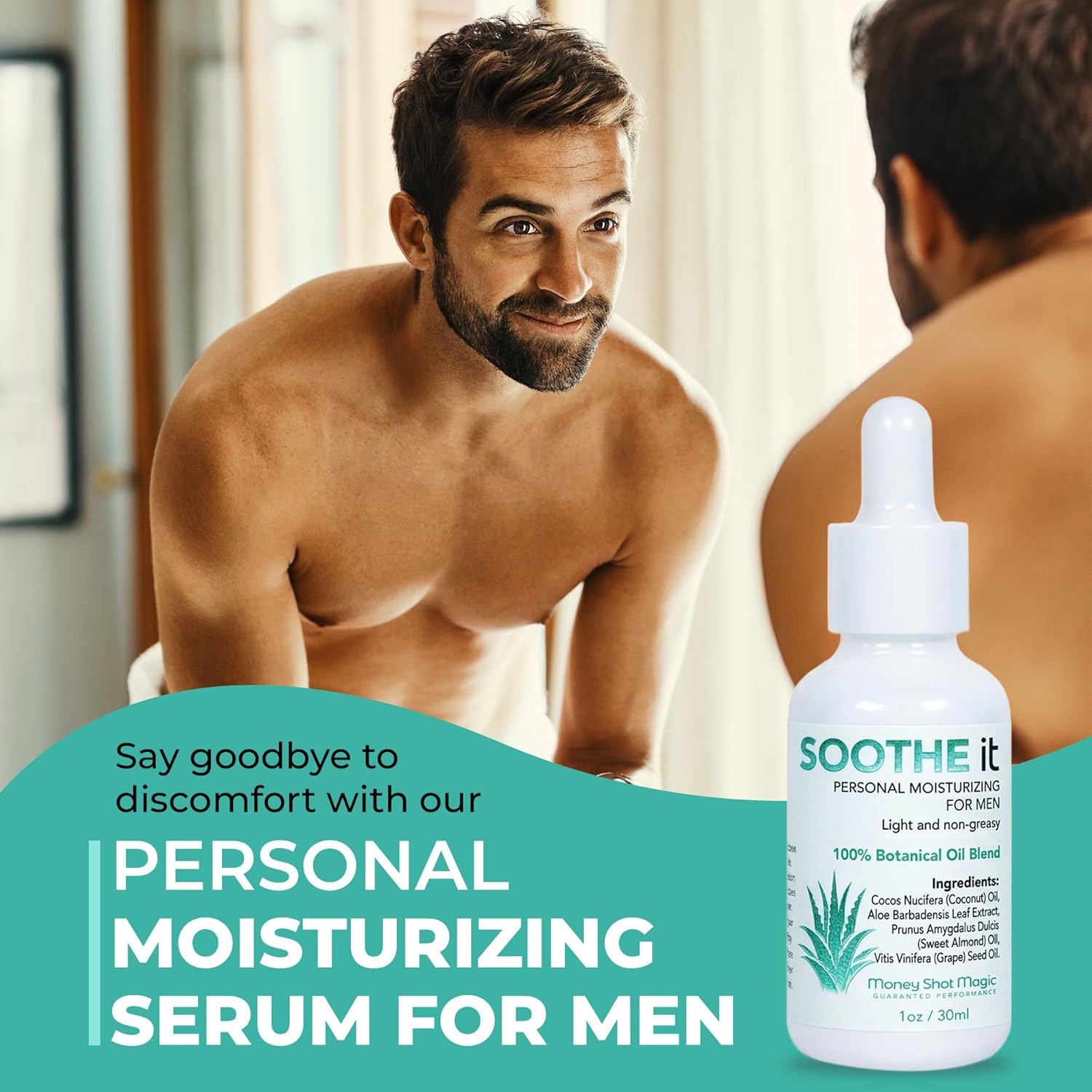 SOOTHE it Personal Moisturizing Serum for Men - Light, Non-Greasy Moisturizer for Dry & Itchy Private Skin with Aloe Vera, Grapeseed, Sweet Almond & Coconut Oils, Vitamin E - 1 Oz Bottle