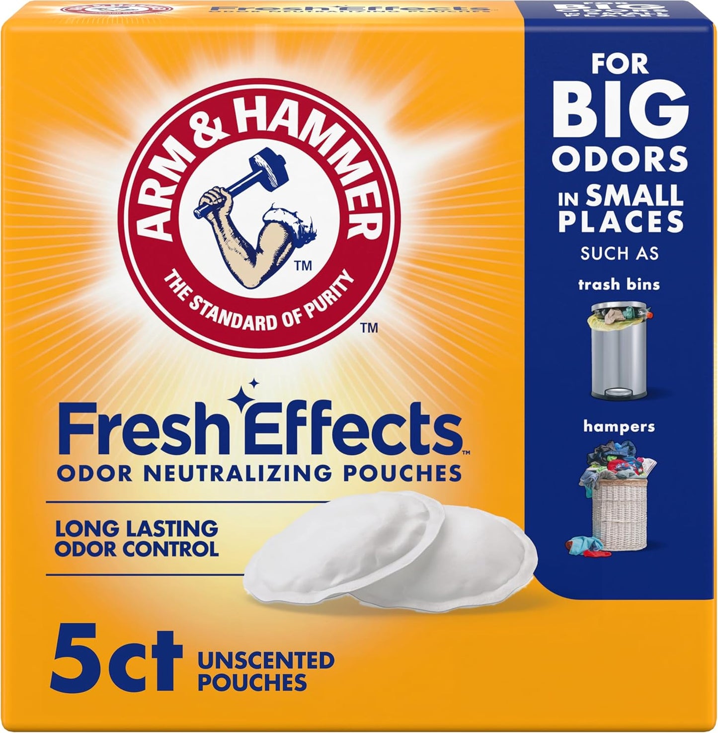 ARM & HAMMER Fresh Effects Odor Neutralizing Baking Soda Pouches, Long-Lasting Fragrance-Free Odor Absorber for Shoes, Cars, Home & Small Spaces, 5 Count