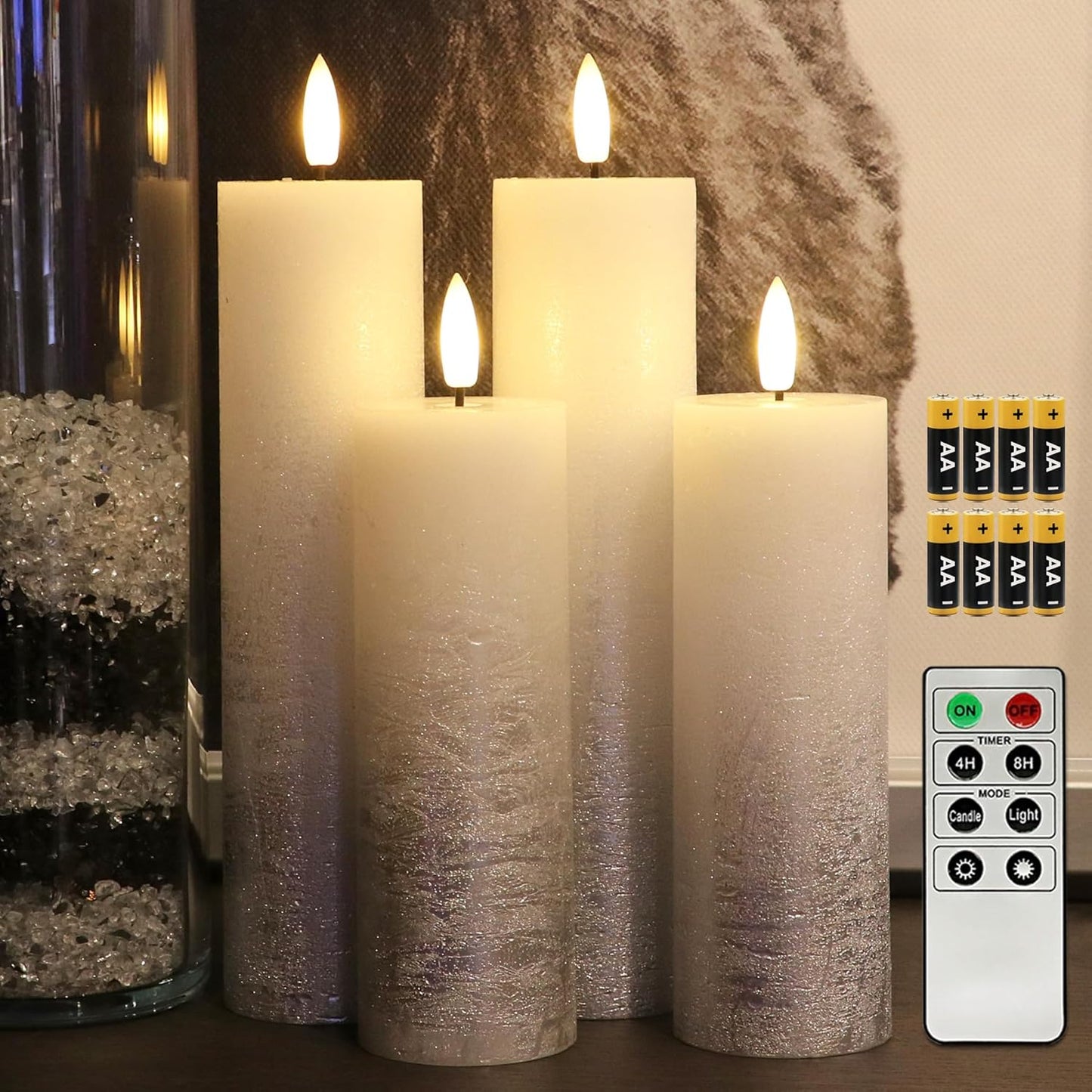 Fanna Set of 4 Skinny Silver Battery Operated Flameless LED Candles Textured Wax Finish, Batteries & Remote Included - Dia.2 inches