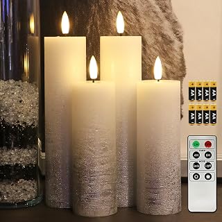 Fanna Set of 4 Skinny Silver Battery Operated Flameless LED Candles Textured Wax Finish, Batteries & Remote Included - Dia.2 inches