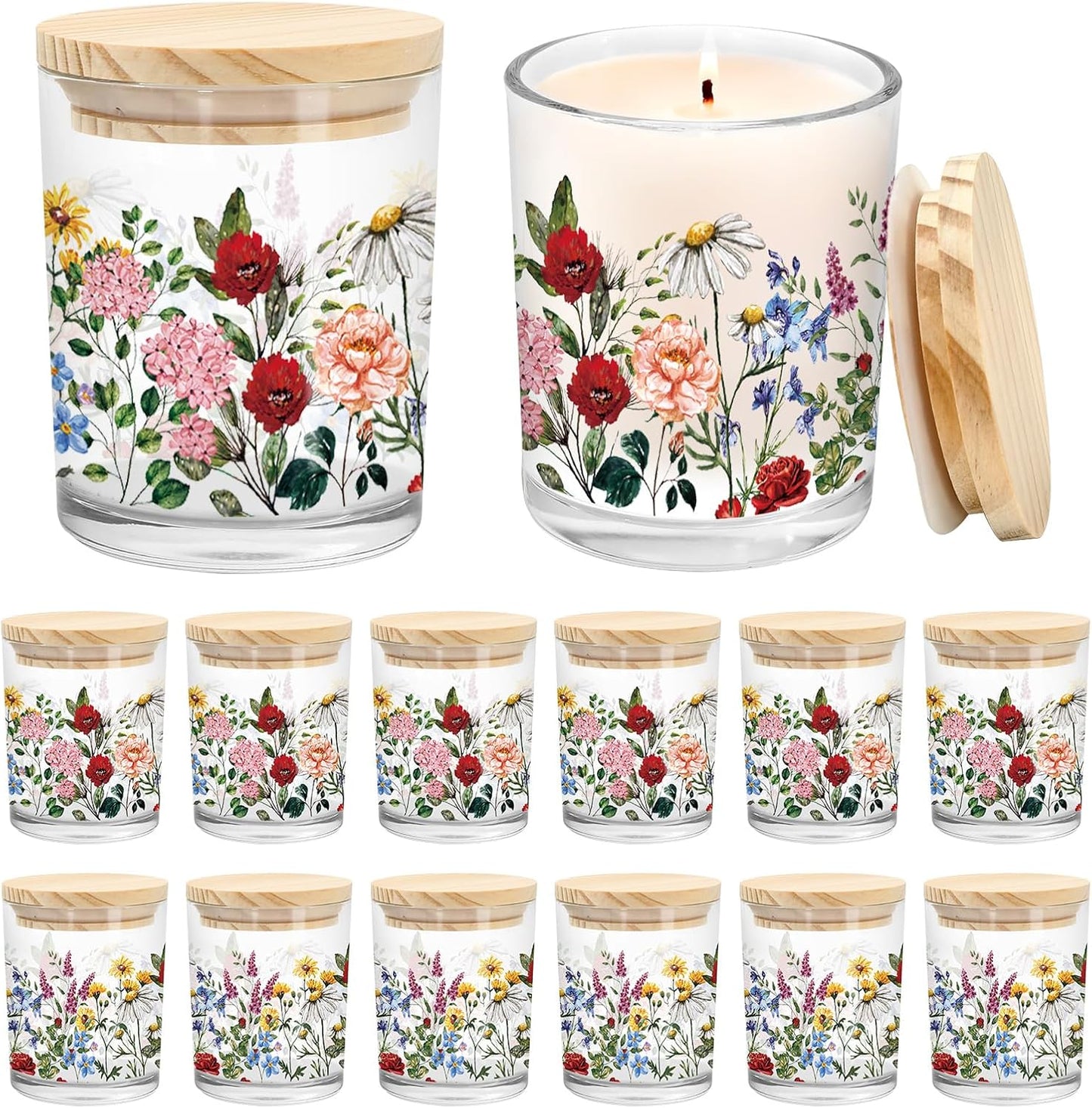 Whaline 12Pcs Wildflower Empty Candle Jar with Wooden Lid 7 oz Spring Floral Glass Candle Container for Candles Making Storing Kitchen Table Centerpiece Decoration
