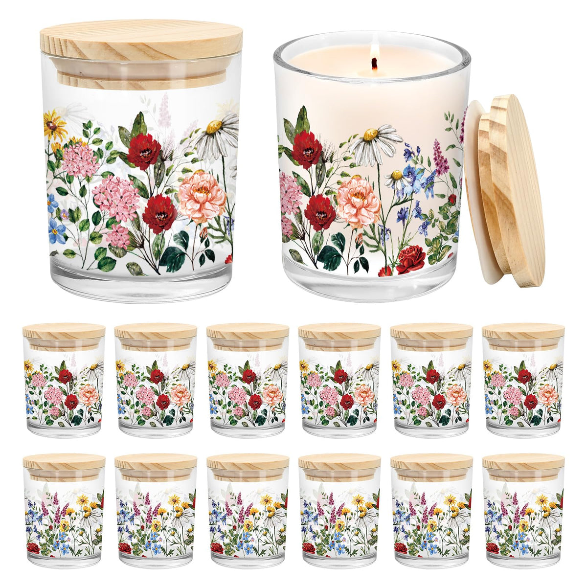 Whaline 12Pcs Wildflower Empty Candle Jar with Wooden Lid 7 oz Spring Floral Glass Candle Container for Candles Making