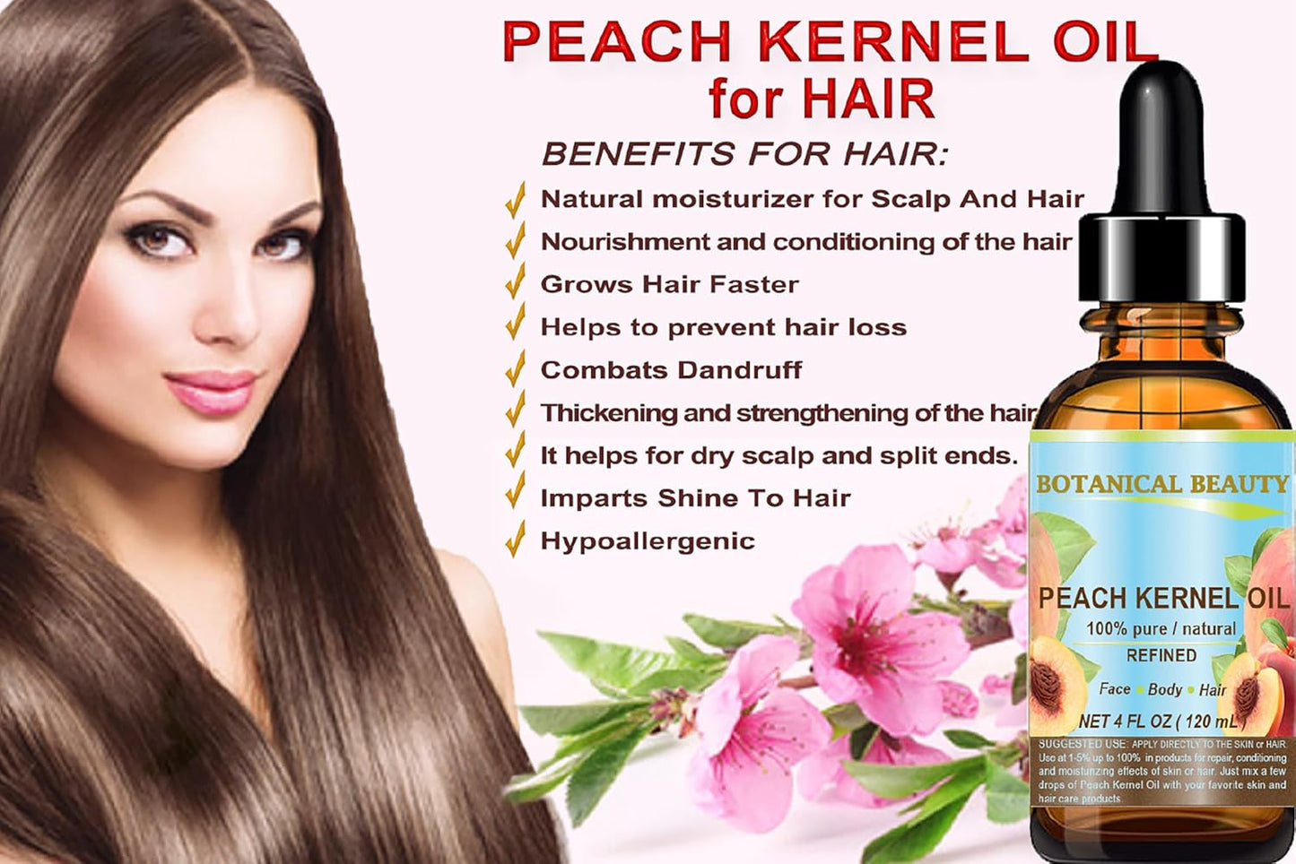 Botanical Beauty Peach Kernel Oil. 100% Pure Natural Undiluted Refined Cold Pressed Carrier Oil for Face, Skin, Hair, Massage, Lip, Nail Care. 4 Fl. oz-120 ml