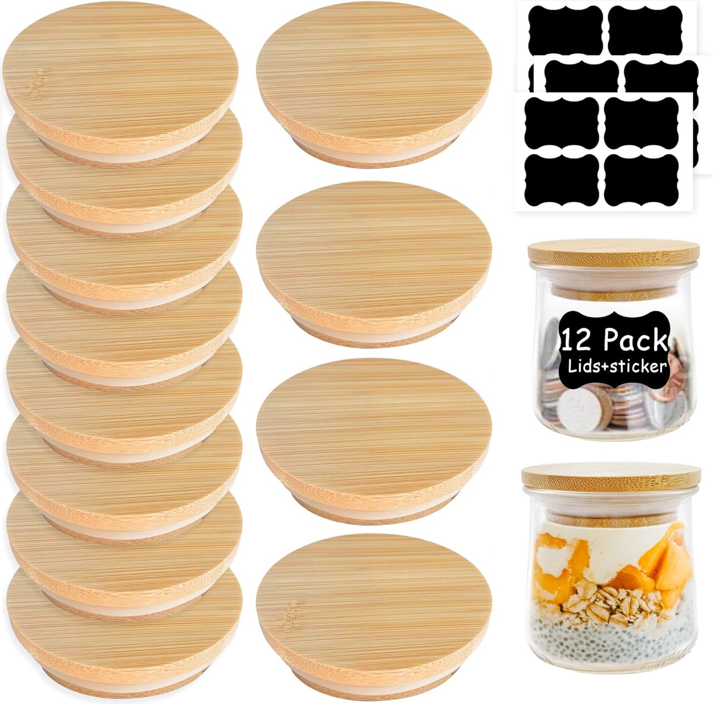 Oui Bamboo Wood Yogurt Jar Lids - 12 Pcs, Leak Proof, Equipped With Silicone Sealing Ring