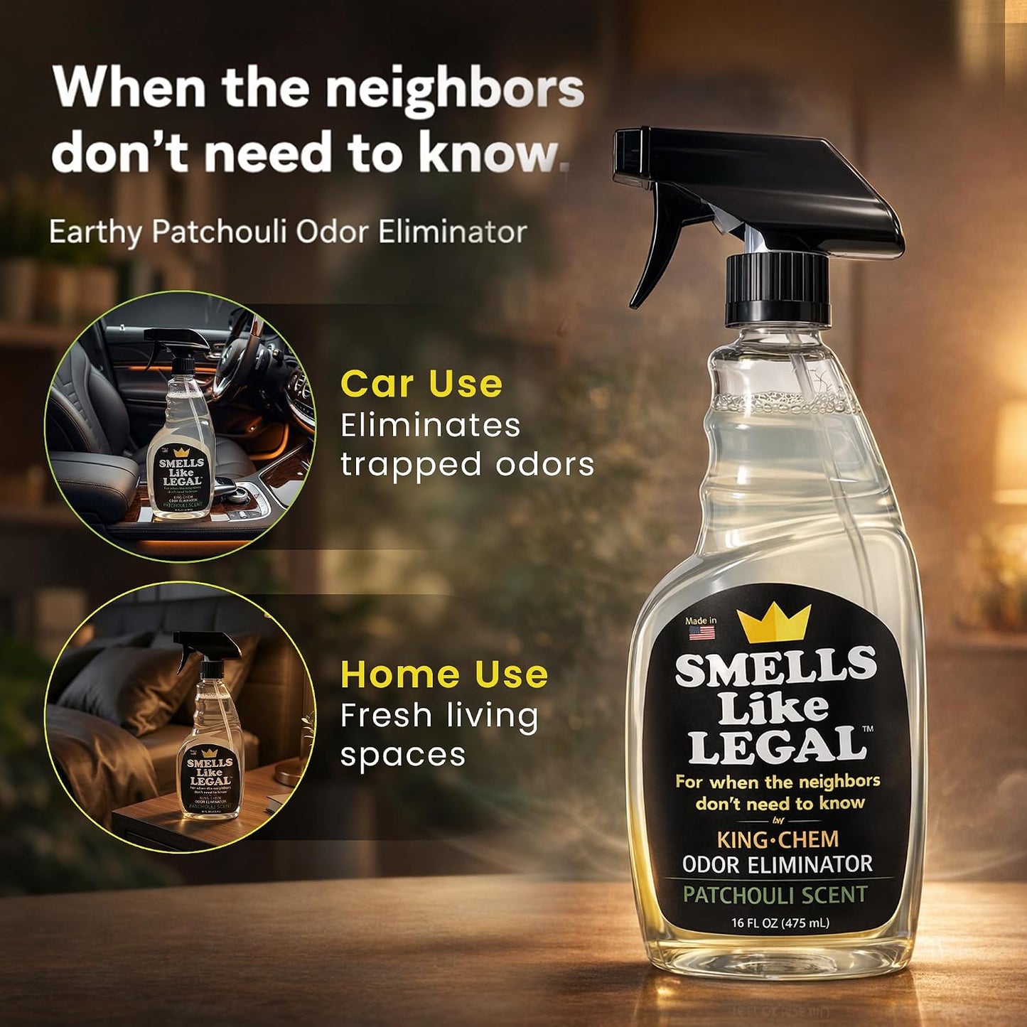 Smells Like Legal™ Patchouli Odor Eliminator Spray – Powerful Commercial-Grade – Eliminates Smoke, Pet & Food Odors at source – Fabric-Safe, Non-Staining – Biodegradable Air & Fabric Freshener – 16 oz