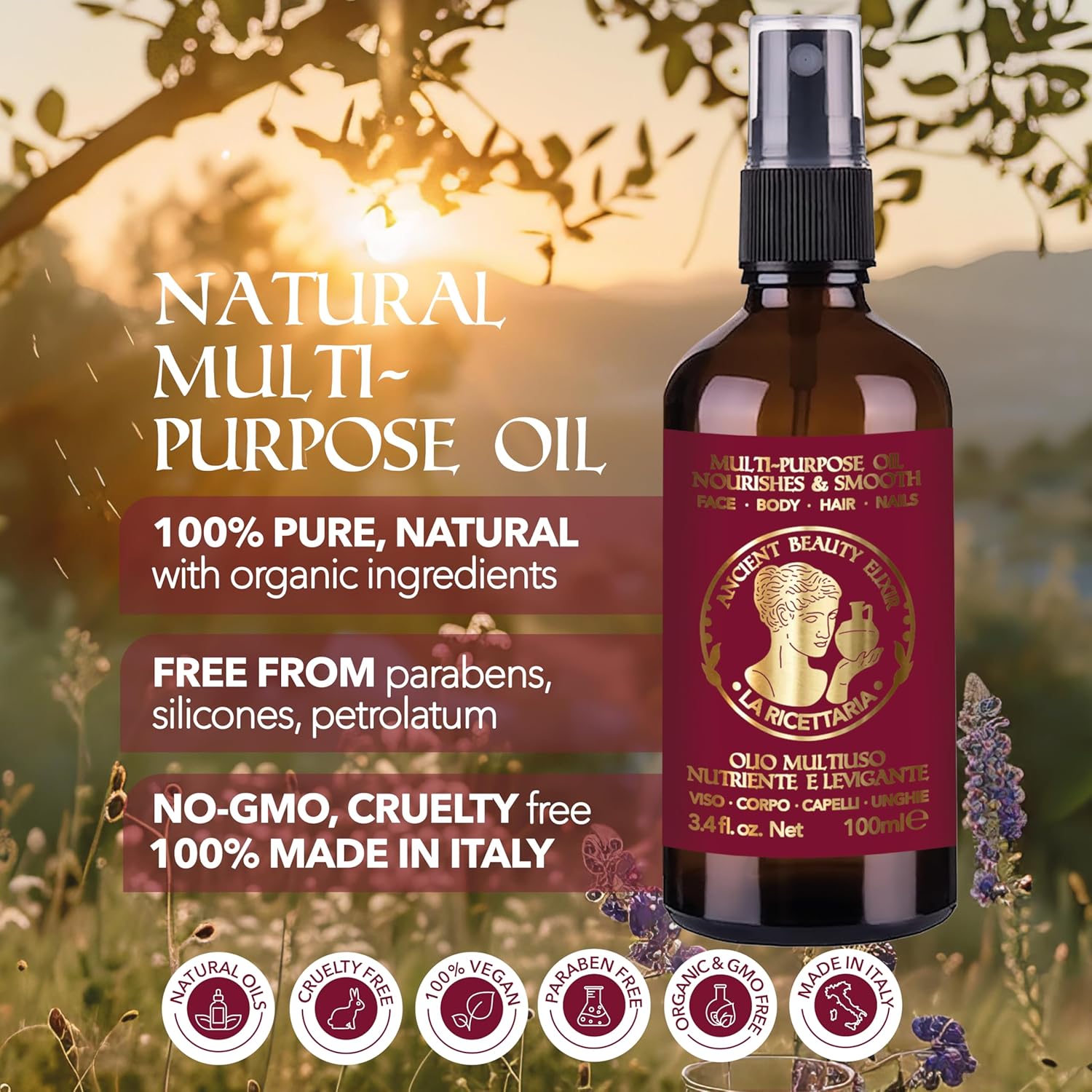 Made in Italy Natural Organic Body Oil, Hydrating After-Shower Oil & Face Moisturizer, Nail Care with Apricot, Sweet Almond, Olive, and Vitamin E Oils, Skincare for Dry Skin