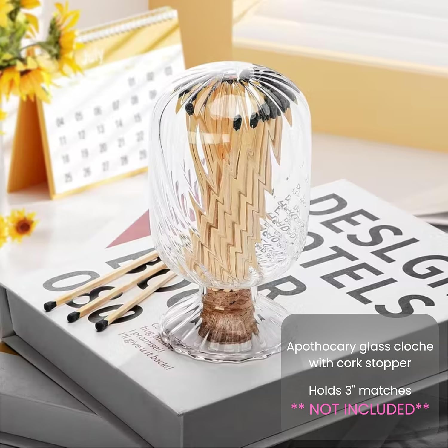 Decorative Glass Matches Cloche (Bottle ONLY) | Helix Twist Long Match Holder Jar for Farmhouse Coffee Table | Trending Gift Ideas Cute Candle Display