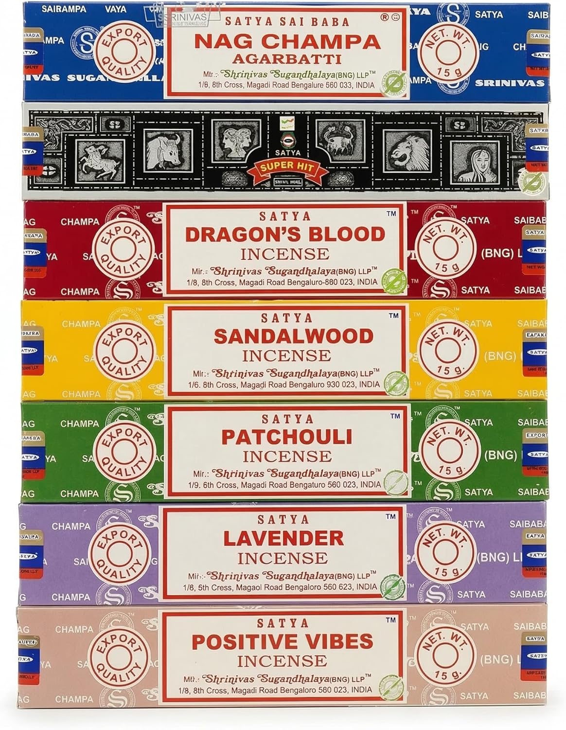 Satya Earth Masala Incense Sticks Variety Pack, Nag Champa, Sandalwood, Patchouli, Lavender, Dragon’s Blood & Positive Vibes Aromatherapy, Meditation & Yoga Incense –15g Each (Pack of 7)