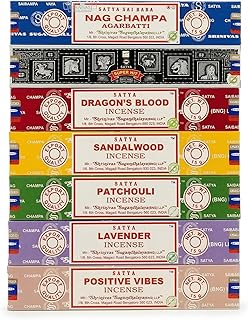 Satya Earth Masala Incense Sticks Variety Pack, Nag Champa, Sandalwood, Patchouli, Lavender, Dragon’s Blood & Positive Vibes Aromatherapy, Meditation & Yoga Incense –15g Each (Pack of 7)
