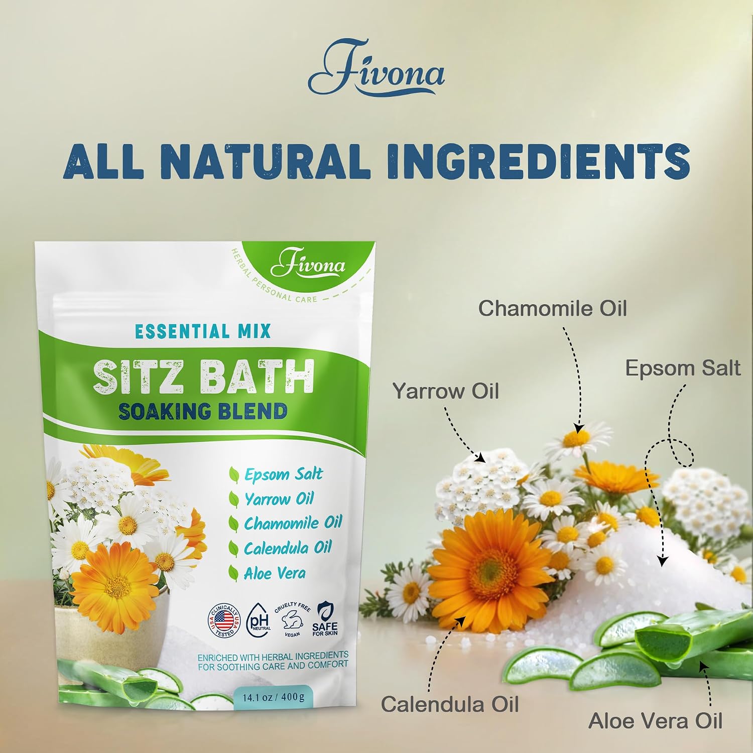 Hemorrhoid Care Postpartum Care Bartholin Cyst Relief - FIVONA Sitz Bath Salt Natural Epsom Blend with Essential Oils Soak - 14.1 oz