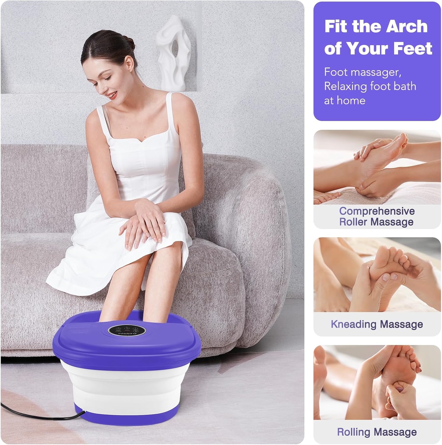 KNQZE Collapsible Foot Spa with Heat, Remote Control, Temperature Control, Bubbles, Pumice Stone, Red Light, Timer, 16 Massage Roller Pedicure Foot Bath Tub Foot Soaker for Feet Stress Relief, Purple