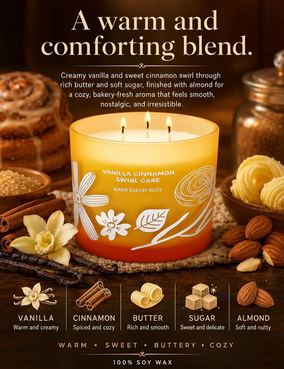 Vanilla Cinnamon Swirl Cake Candle | Large 3 Wick Scented Soy Candle for Home | 14.5oz Cinnamon Sugar Vanilla Bakery Candle | Warm Cake Batter Candles | Long Lasting Clean Burn | Gift for Women & Men