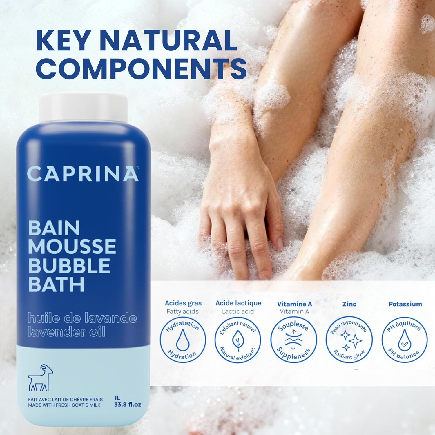 Caprina Fresh Goat’s Milk Bubble Bath, 1L, Hydrating Relaxing Foam Bath, Moisturizing and Gentle on Skin, Made in Canada (Lavender Oil)