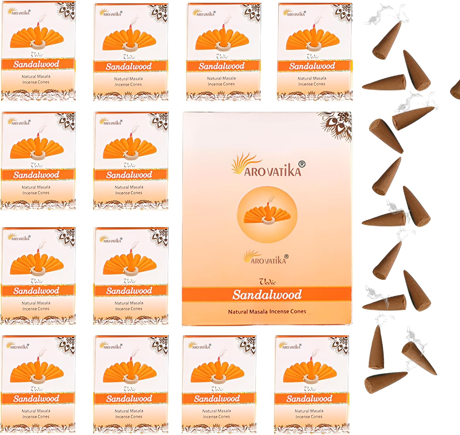 ARO VATIKA Vedic Sandalwood Natural Masala 120 Incense Cones in Pack of 12 Boxes |12 Assorted Fragrances Dhoop Cones | Best for Prayer, Reiki, Meditation and Relaxation | Burn time- 25 Mins